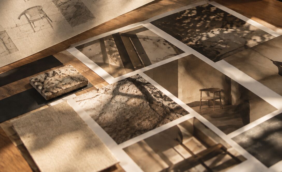 Photographs of quiet interiors, drawings and a stone sample on a table in afternoon light