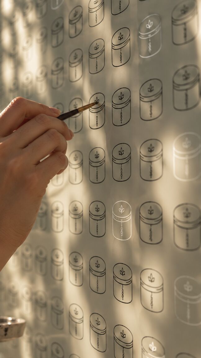 A hand painting small tin outlines on a wall in afternoon light